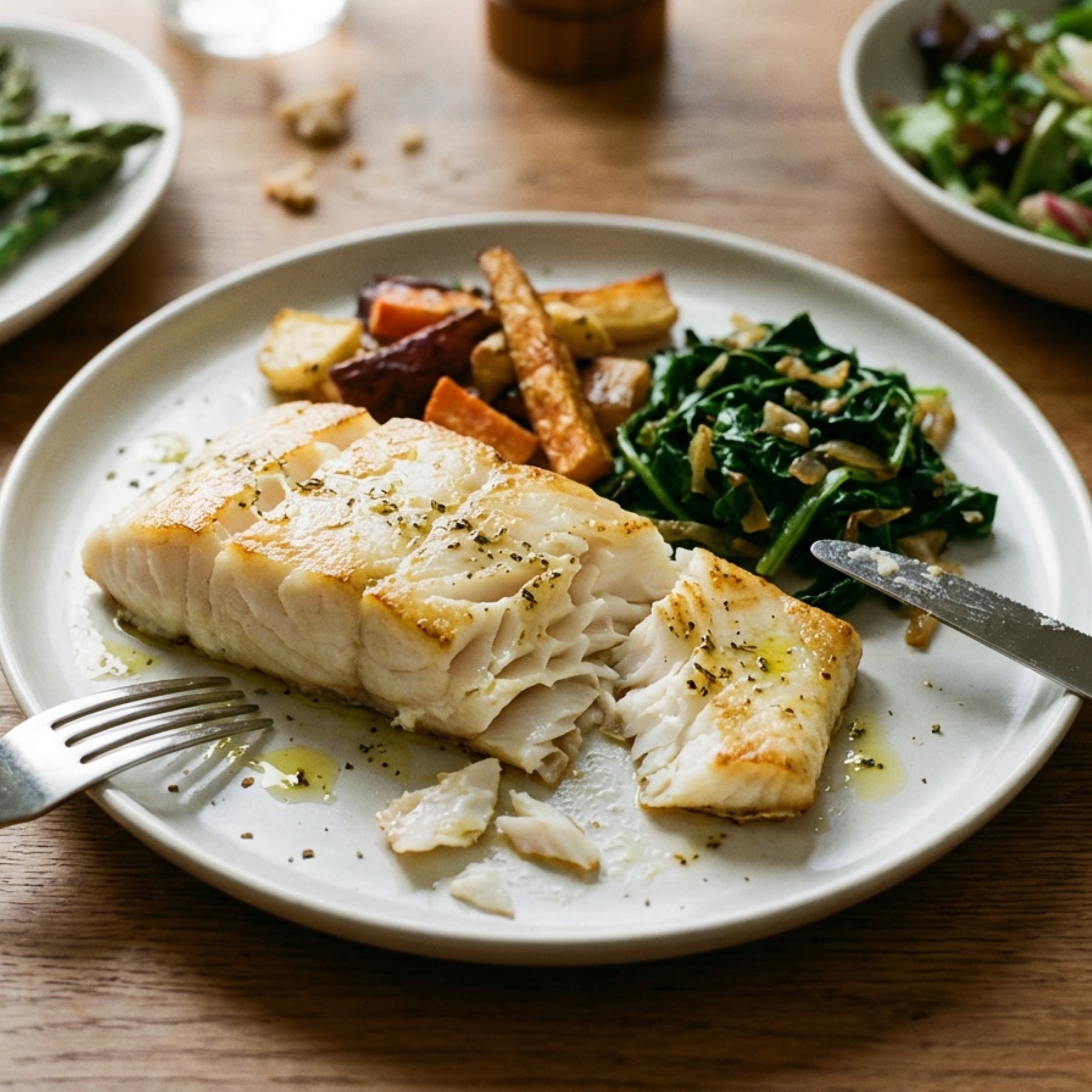 A plate with salmon, potatoes, and spinach
