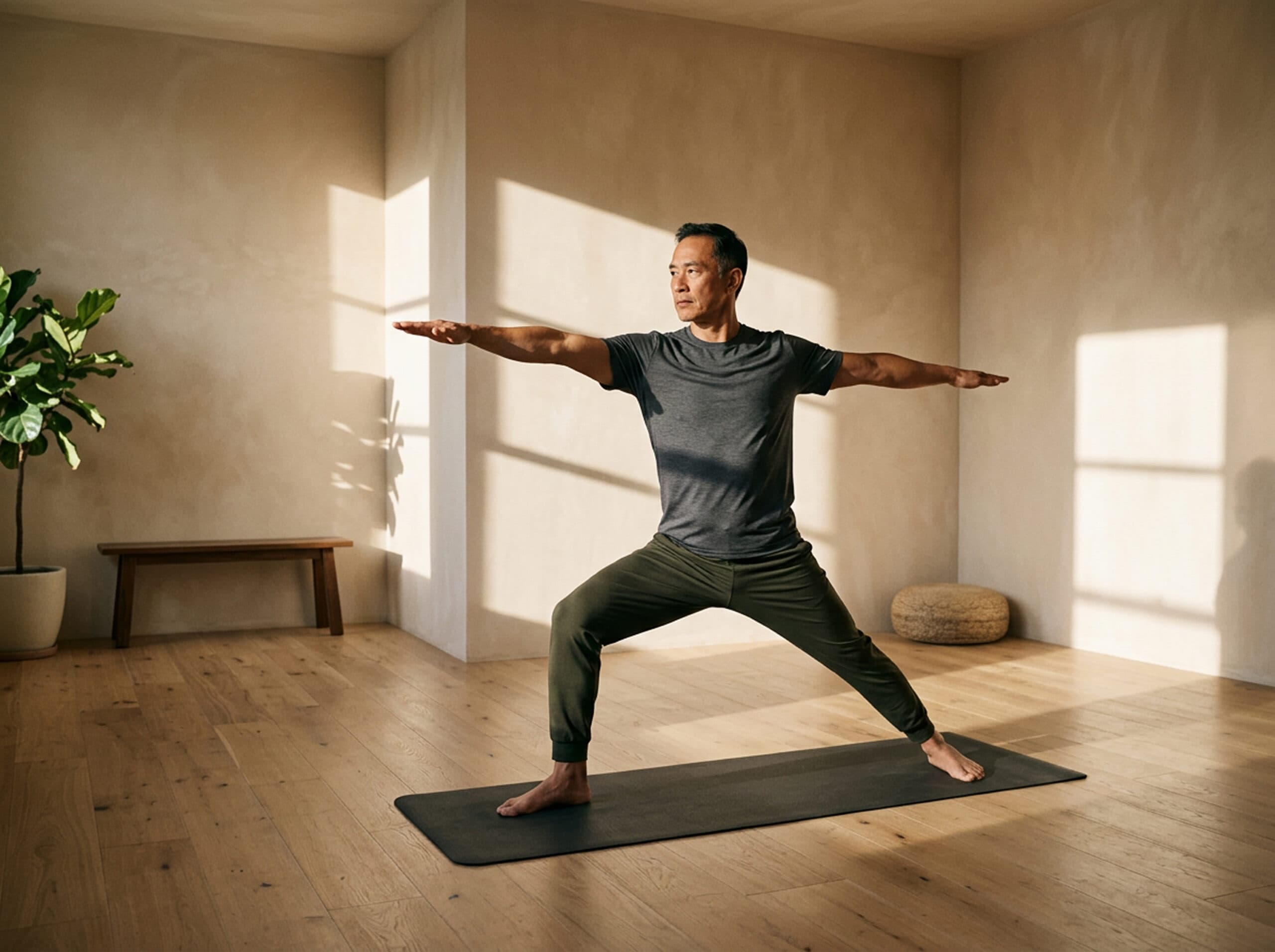 Middle-aged man doing yoga inside
