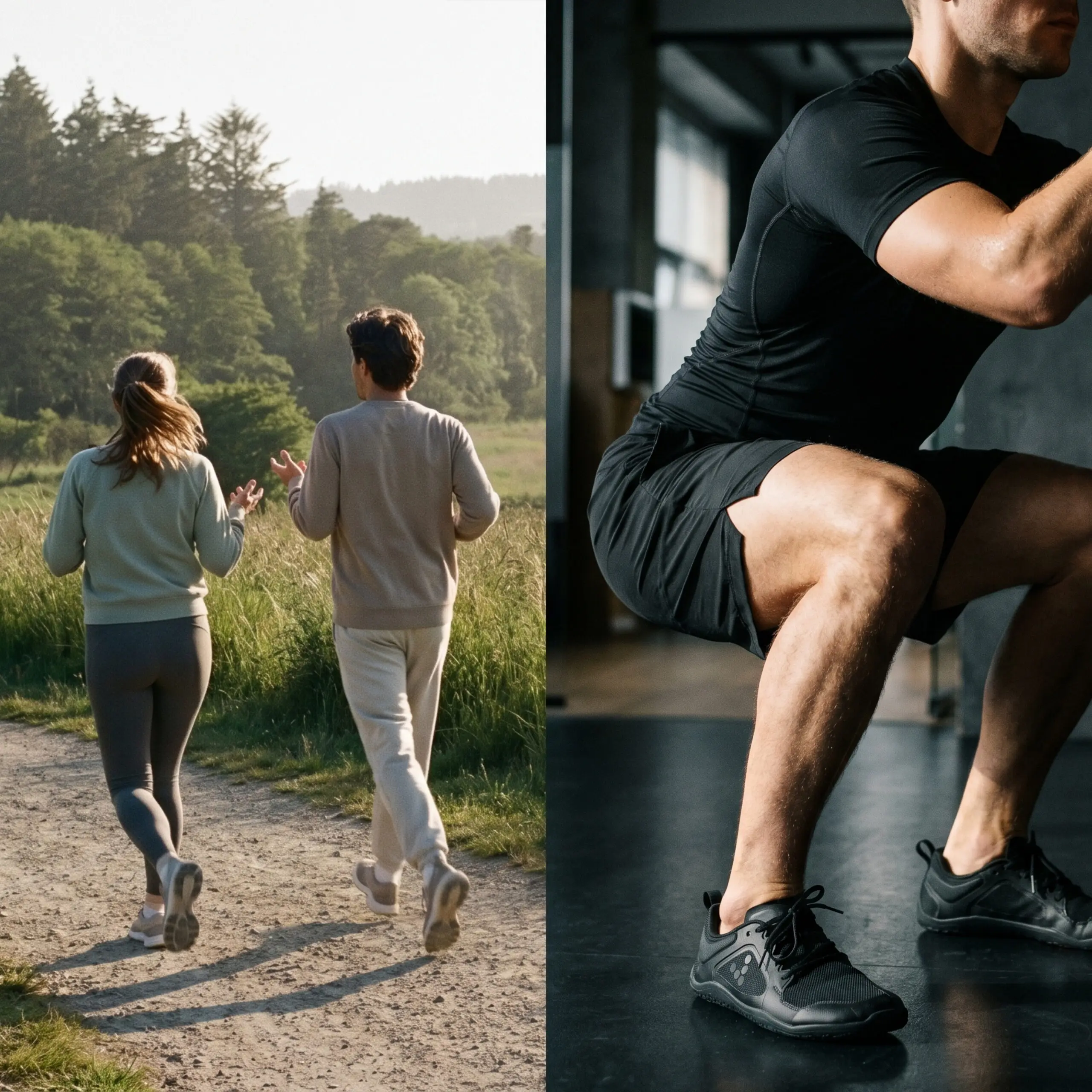 a couple running outdoors next to man in gym performing a squat