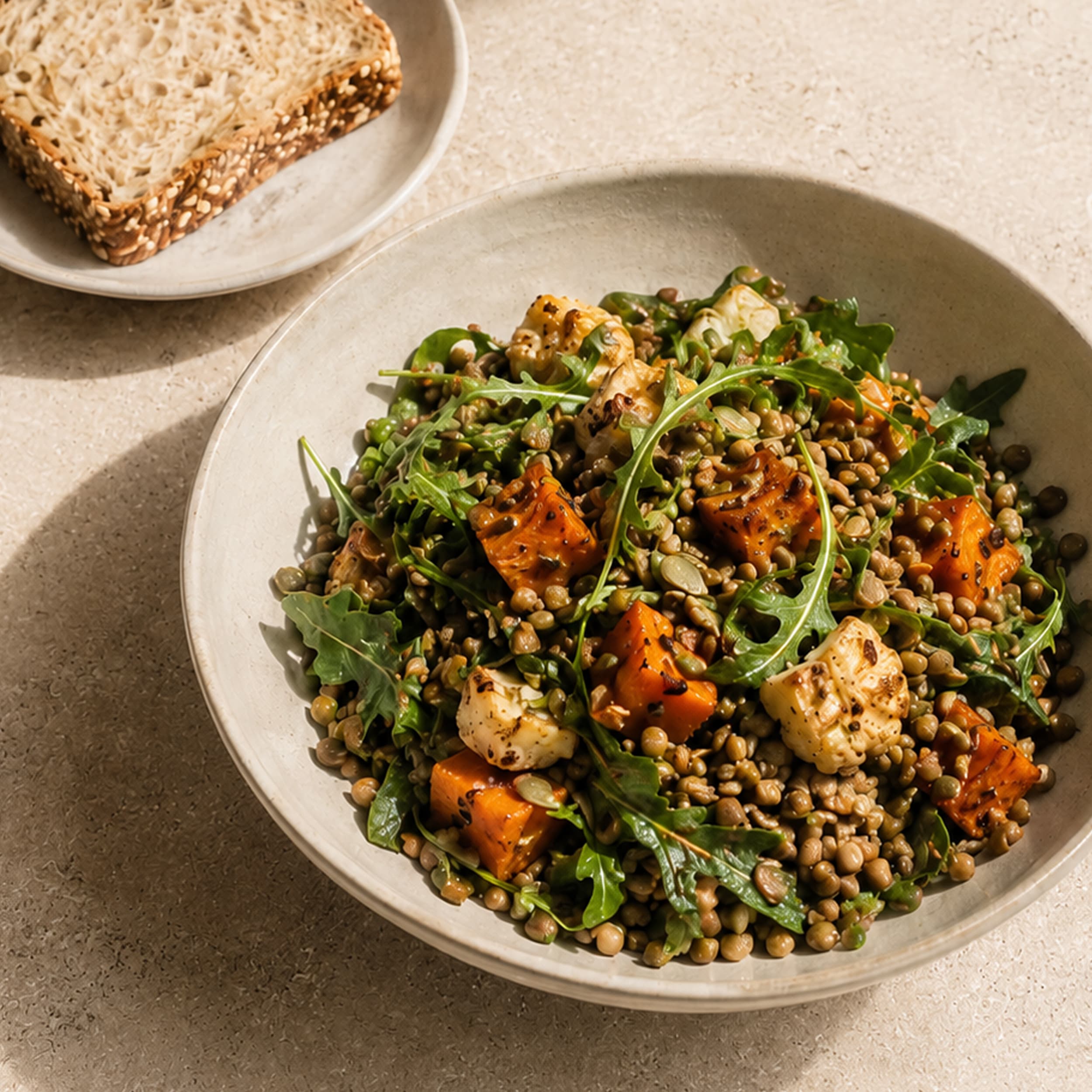 Bowl of quinoa, greens, side plate of whole grain bread