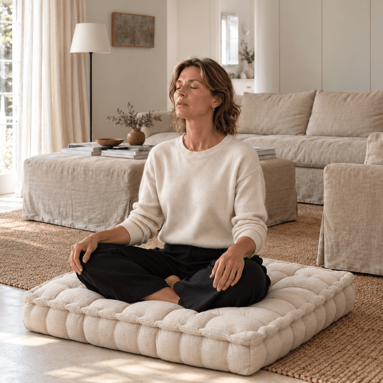 Woman sitting on the floor meditating